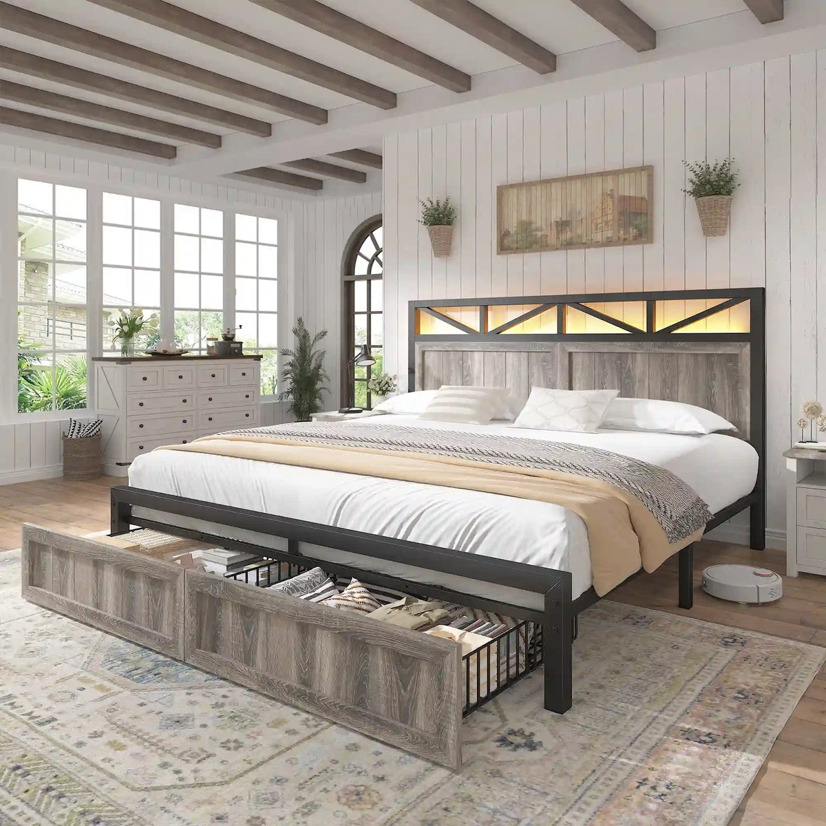 Snhomee 900LBS Bed Frame with 2 Storage Drawers, LED Headboard & Charging Station, Noise-Free, No Box Spring Needed