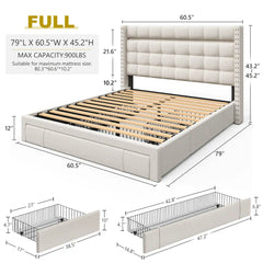SnHomee Bedroom Frame with 3 Storage Drawers & LED Upholstered Bed Frame with Adjustable Headboard-Bed Frame-Queen-Beige-snhomee