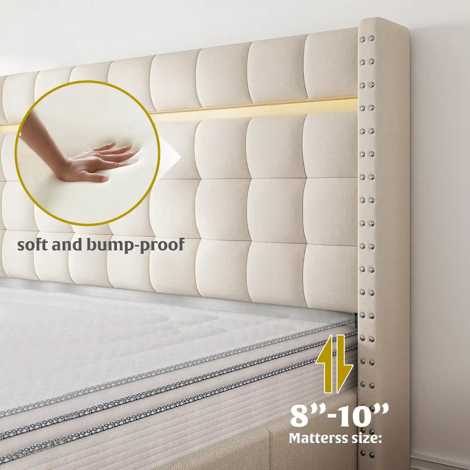 SnHomee Bedroom Frame with 3 Storage Drawers & LED Upholstered Bed Frame with Adjustable Headboard-Bed Frame-Queen-Beige-snhomee