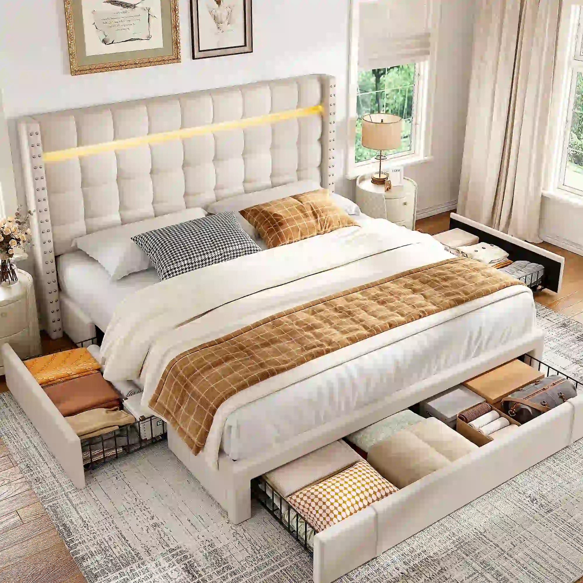 SnHomee Bedroom Frame with 3 Storage Drawers & LED Upholstered Bed Frame with Adjustable Headboard-Bed Frame-Queen-Beige-snhomee
