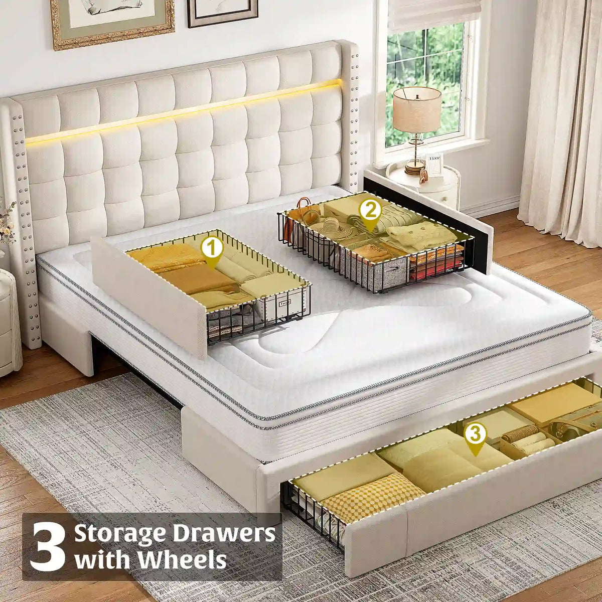 SnHomee Bedroom Frame with 3 Storage Drawers & LED Upholstered Bed Frame with Adjustable Headboard-Bed Frame-Queen-Beige-snhomee