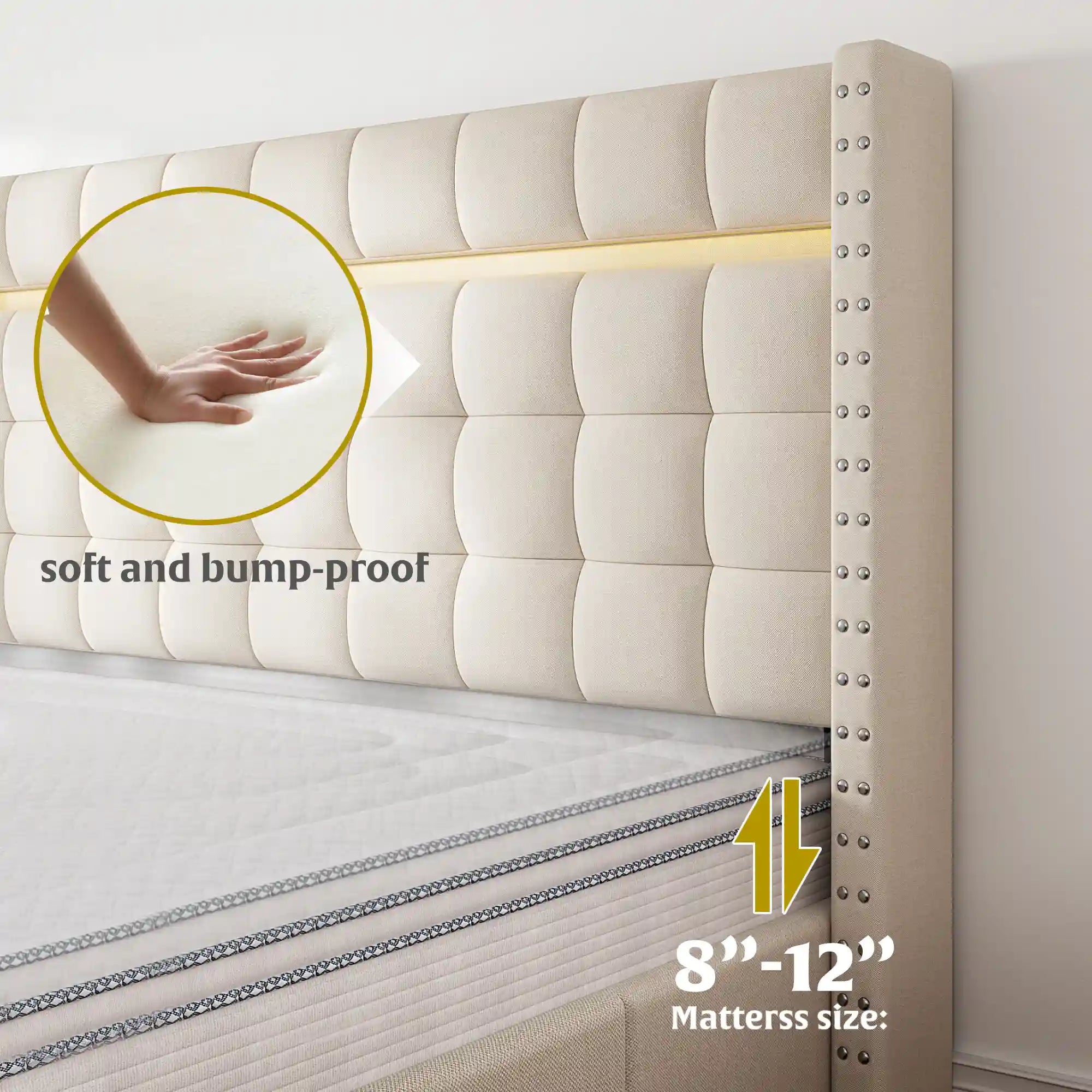 SnHomee Bedroom Frame with 3 Storage Drawers & LED Upholstered Bed Frame with Adjustable Headboard-Bed Frame-Queen-Beige-snhomee