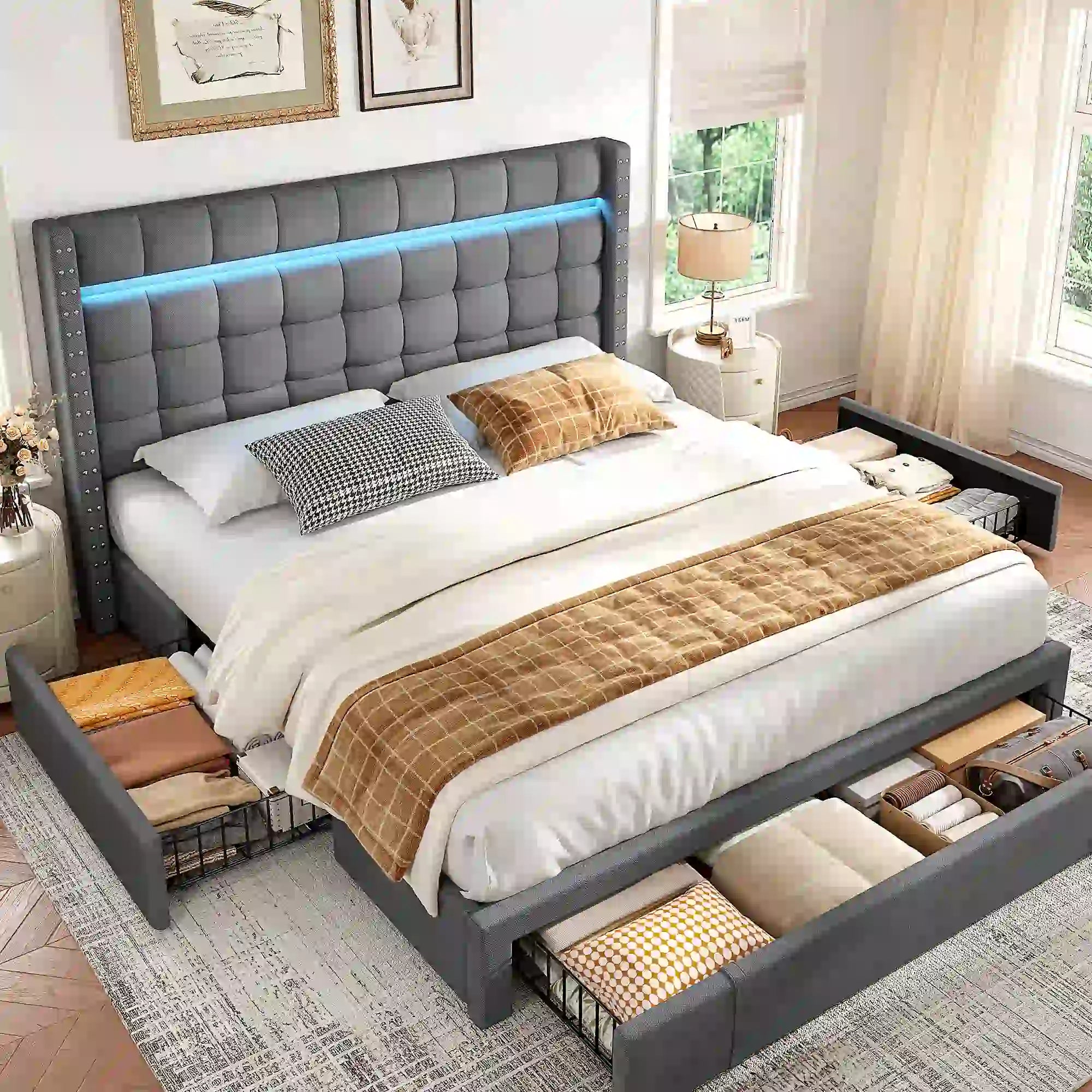 SnHomee Bedroom Frame with 3 Storage Drawers & LED Upholstered Bed Frame with Adjustable Headboard-Bed Frame-Queen-Grey-snhomee