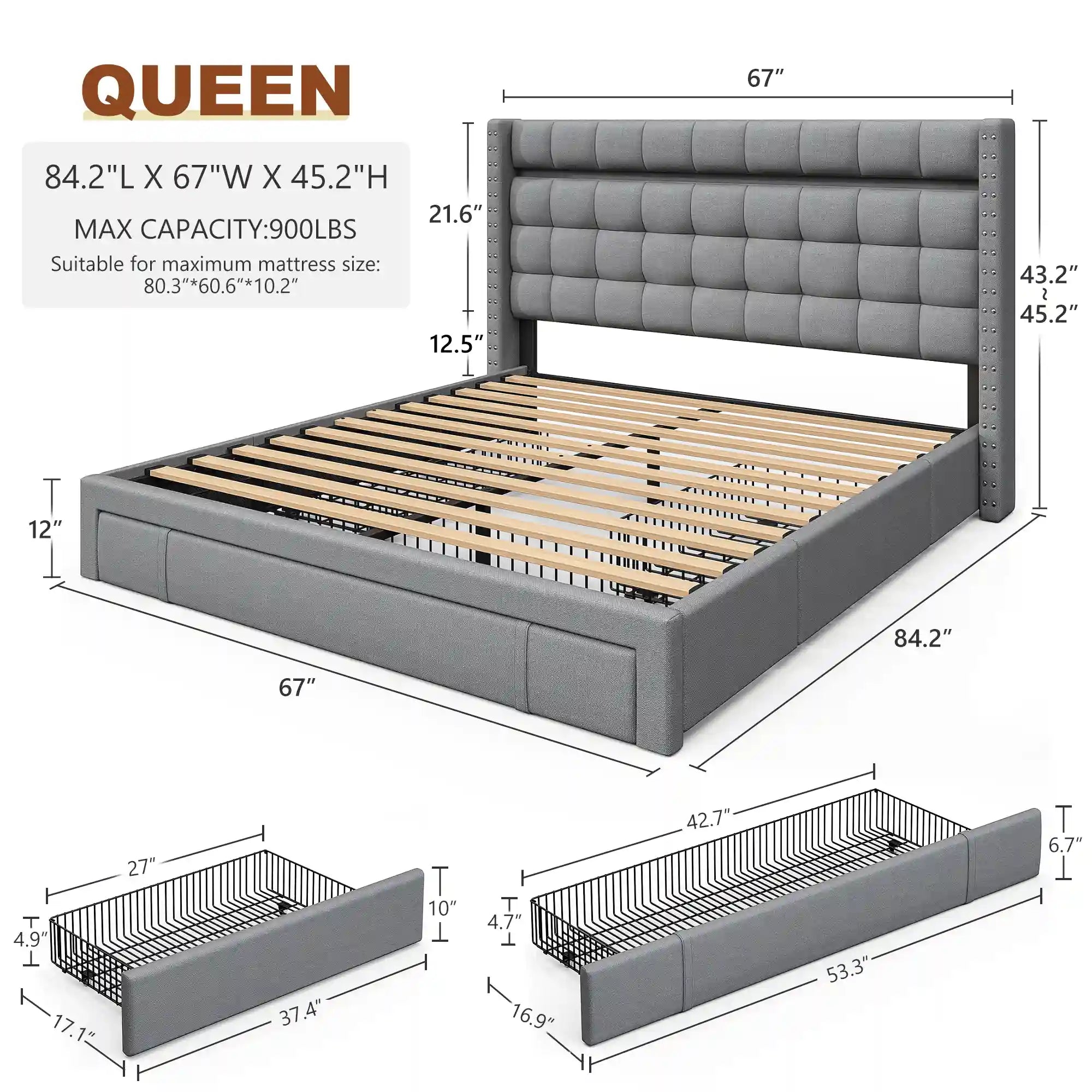 SnHomee Bedroom Frame with 3 Storage Drawers & LED Upholstered Bed Frame with Adjustable Headboard-Bed Frame-Queen-Beige-snhomee