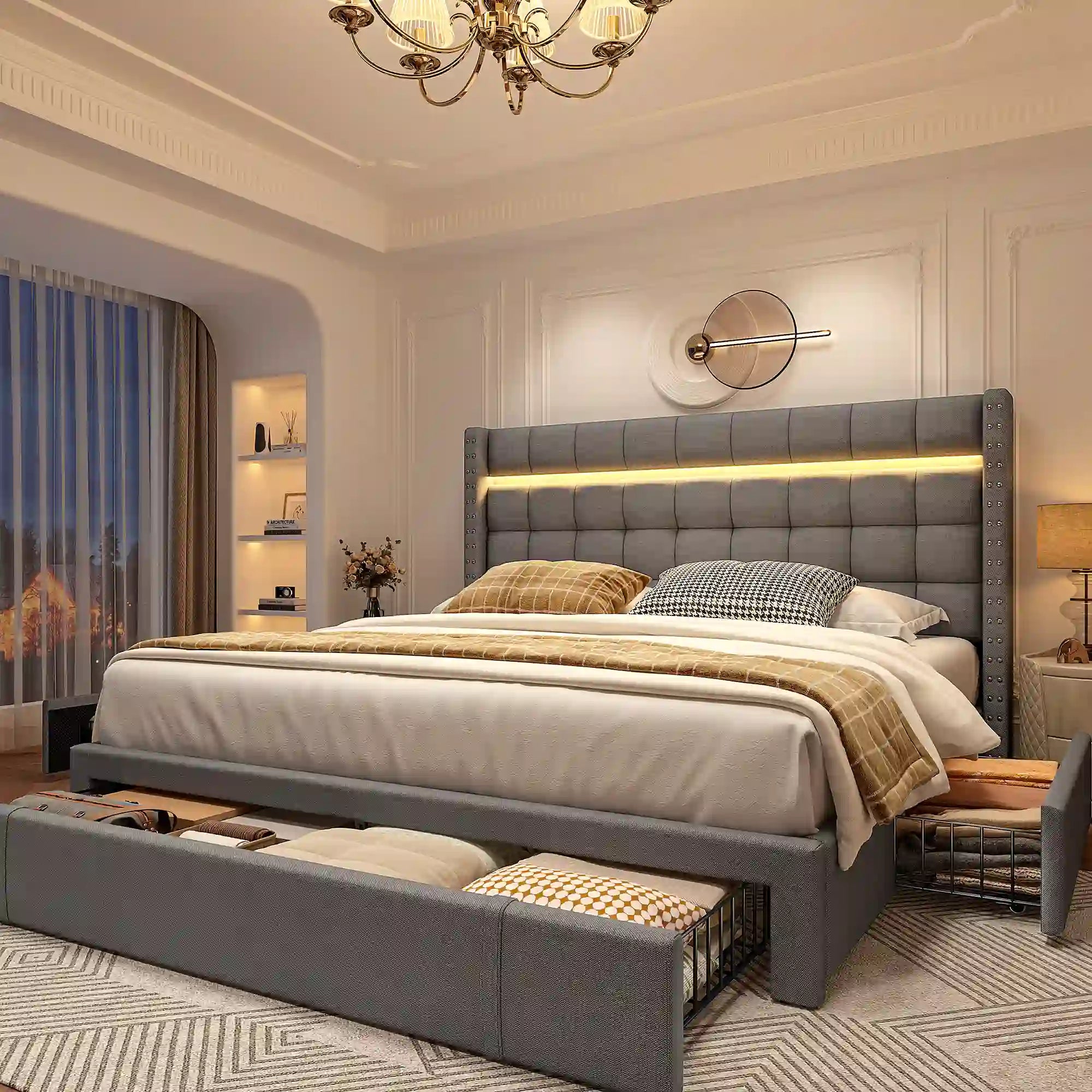 SnHomee Bedroom Frame with 3 Storage Drawers & LED Upholstered Bed Frame with Adjustable Headboard-Bed Frame-Queen-Beige-snhomee