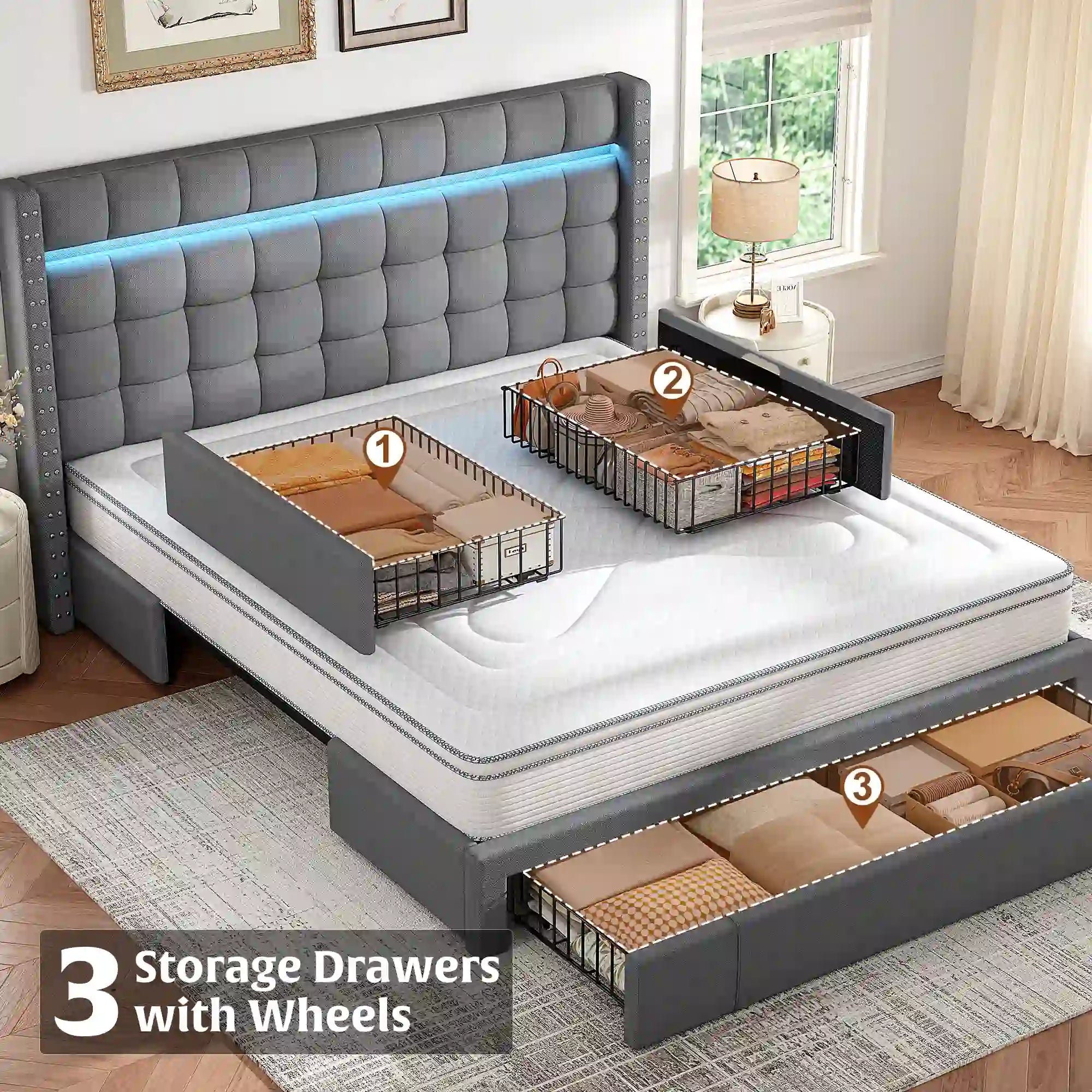 SnHomee Bedroom Frame with 3 Storage Drawers & LED Upholstered Bed Frame with Adjustable Headboard-Bed Frame-Queen-Beige-snhomee