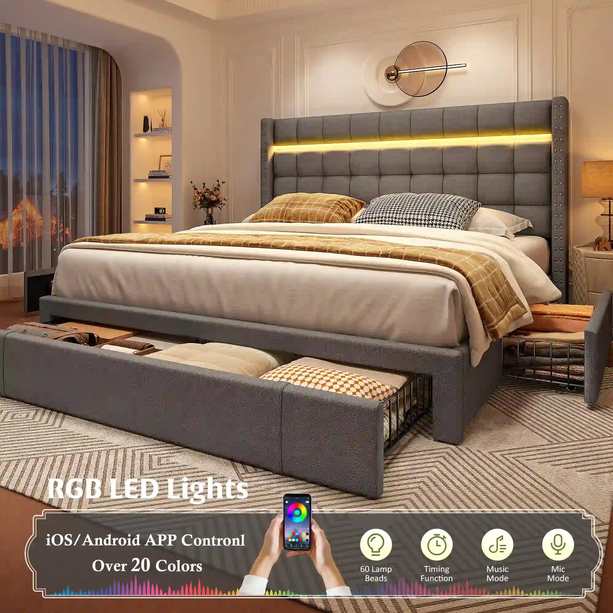 SnHomee Bedroom Frame with 3 Storage Drawers & LED Upholstered Bed Frame with Adjustable Headboard-Bed Frame-Queen-Beige-snhomee