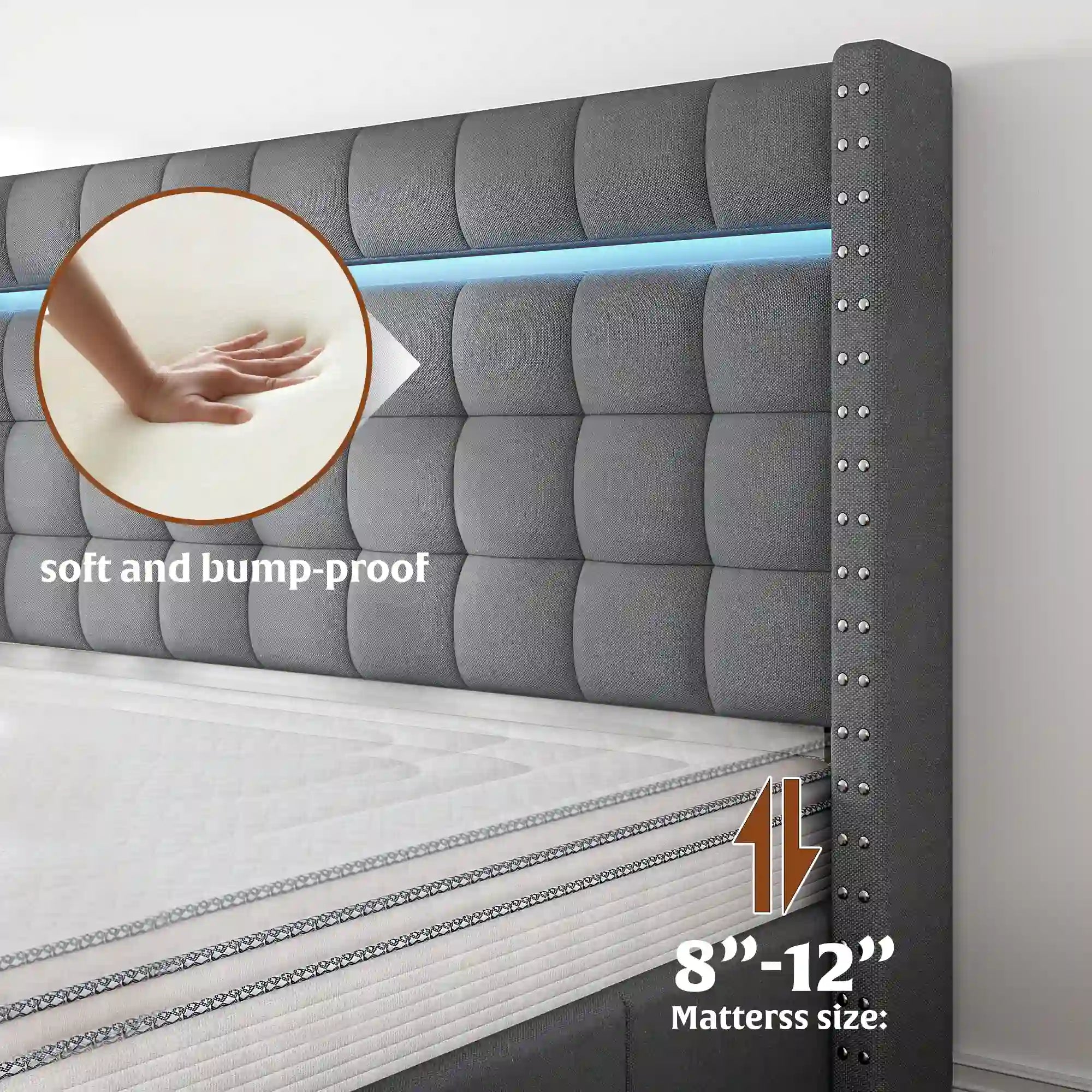 SnHomee Bedroom Frame with 3 Storage Drawers & LED Upholstered Bed Frame with Adjustable Headboard-Bed Frame-Queen-Beige-snhomee