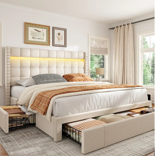 Snhomee Bedroom Frame with 3 Storage Drawers & LED Upholstered Bed Frame with Adjustable Headboard 1200