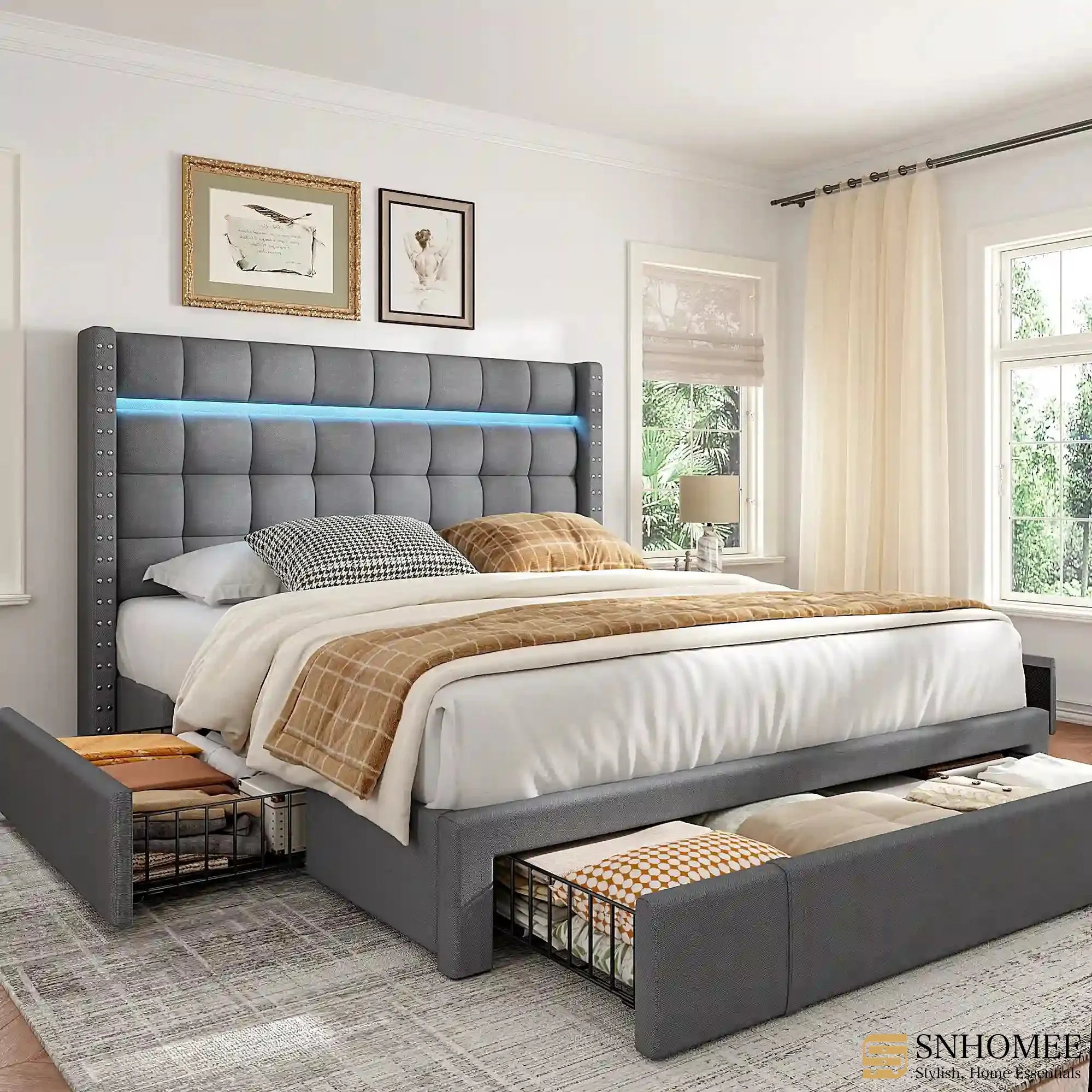 SnHomee Bedroom Frame with 3 Storage Drawers & LED Upholstered Bed Frame with Adjustable Headboard-Bed Frame-Full-Grey-snhomee