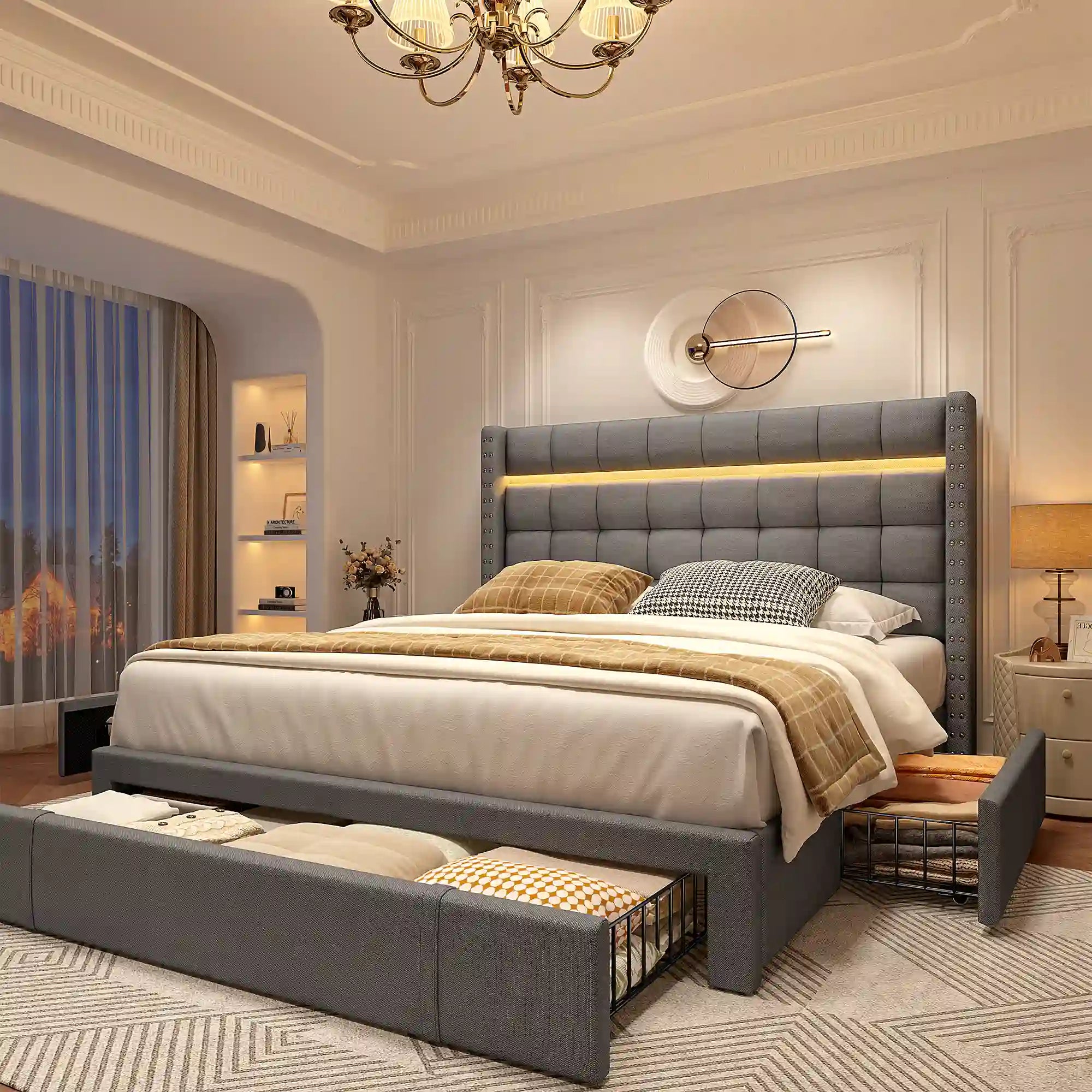 SnHomee Bedroom Frame with 3 Storage Drawers & LED Upholstered Bed Frame with Adjustable Headboard-Bed Frame-Queen-Beige-snhomee