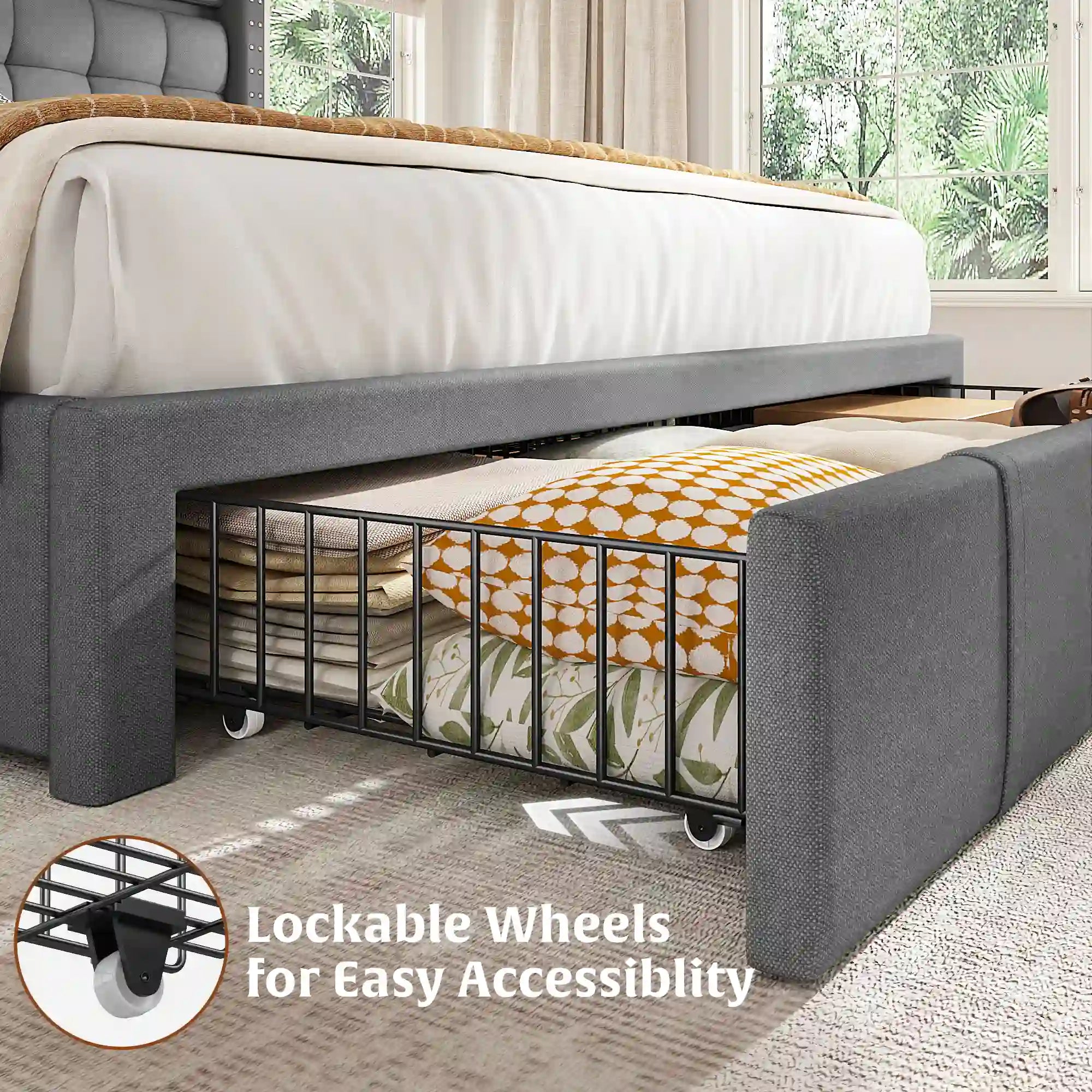 SnHomee Bedroom Frame with 3 Storage Drawers & LED Upholstered Bed Frame with Adjustable Headboard-Bed Frame-Queen-Beige-snhomee