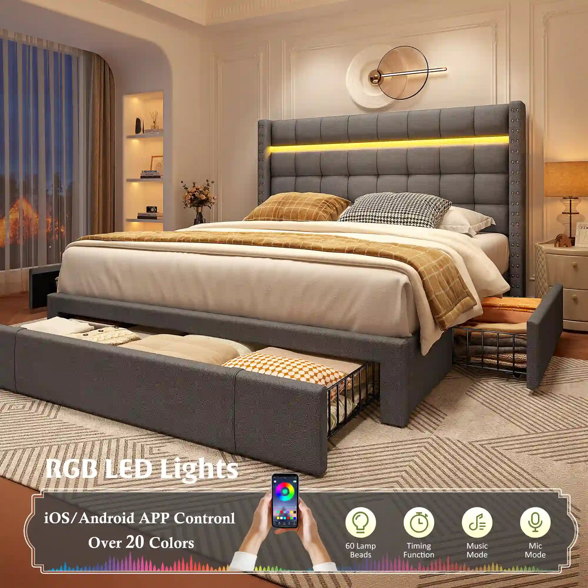 SnHomee Bedroom Frame with 3 Storage Drawers & LED Upholstered Bed Frame with Adjustable Headboard-Bed Frame-Queen-Beige-snhomee