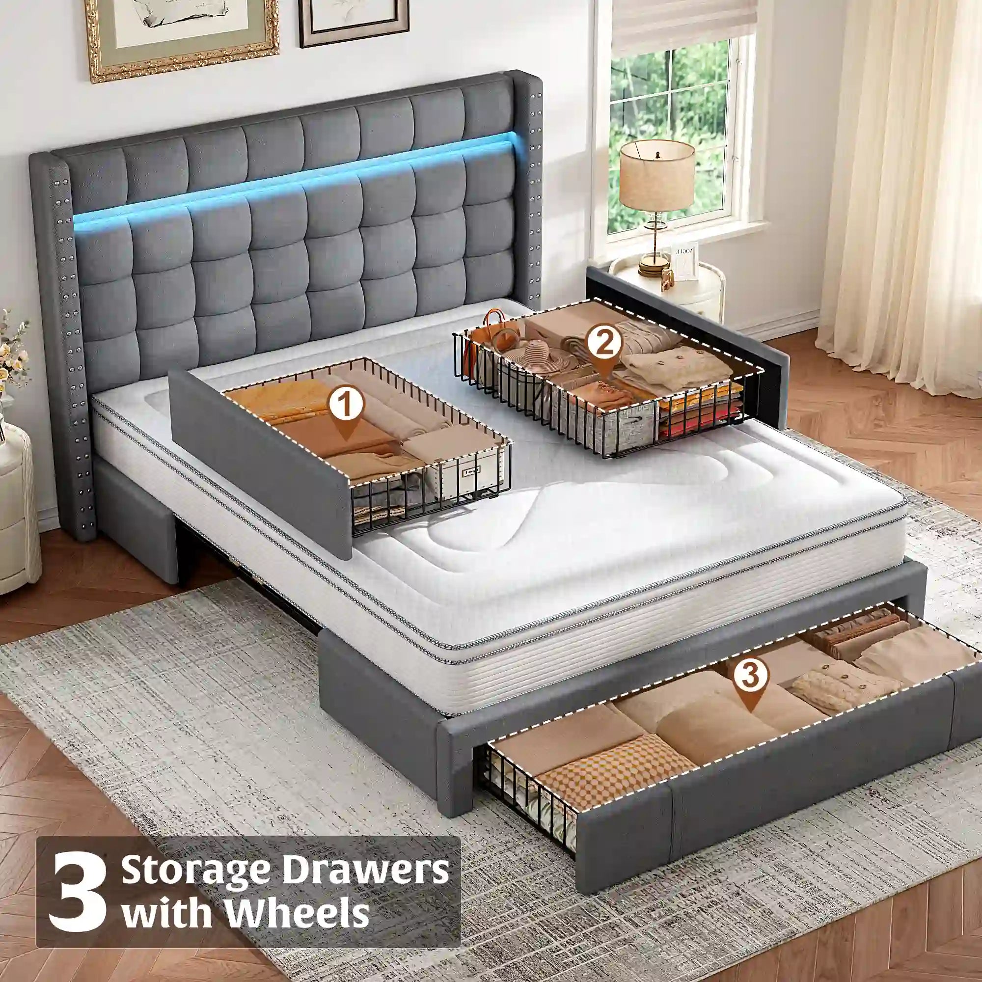 SnHomee Bedroom Frame with 3 Storage Drawers & LED Upholstered Bed Frame with Adjustable Headboard-Bed Frame-Queen-Beige-snhomee