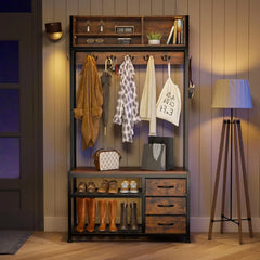 Snhomee Hall Tree Coat Rack Freestanding with Bench&Shoe Storage,with 12 Hooks for Entryway