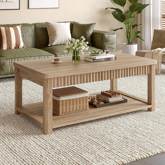 Snhomee Wave-Edge Modern Coffee Table, 39" 2-Tier Center Table for Bedroom Living Room 800