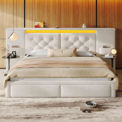 Snhomee Queen Size Velvet Upholstered Bed Frame with 89.5" Extra-Wide Tufted Headboard, 2 Storage Drawers, LED Lights & Charging Station, Luxury Platform Bed, No Box Spring Needed