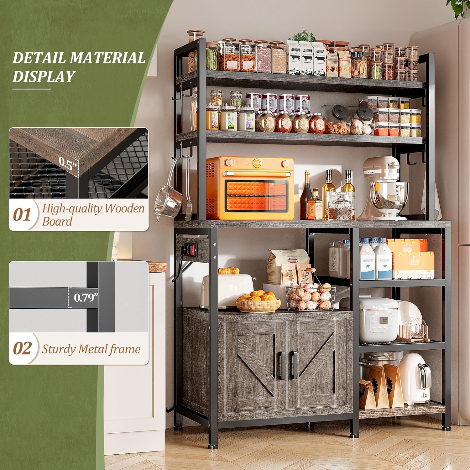 Snhomee 6-Tier Bakers Rack With Outlet, Microwave Stand With Storage Cabinet, 8 Side Hooks & Utility Shelf For Kitchen