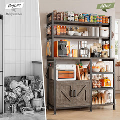 Snhomee 6-Tier Bakers Rack With Outlet, Microwave Stand With Storage Cabinet, 8 Side Hooks & Utility Shelf For Kitchen