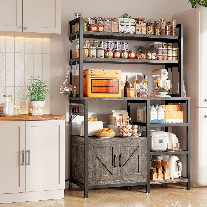 Snhomee 6-Tier Bakers Rack With Outlet, Microwave Stand With Storage Cabinet, 8 Side Hooks & Utility Shelf For Kitchen