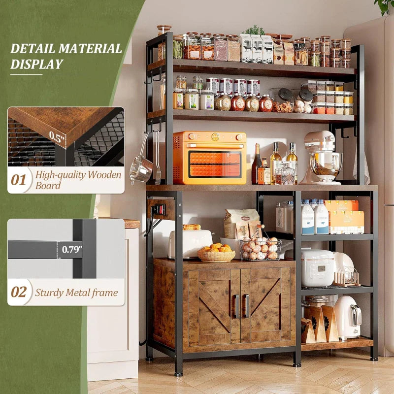 Snhomee 6-Tier Bakers Rack With Outlet, Microwave Stand With Storage Cabinet, 8 Side Hooks & Utility Shelf For Kitchen