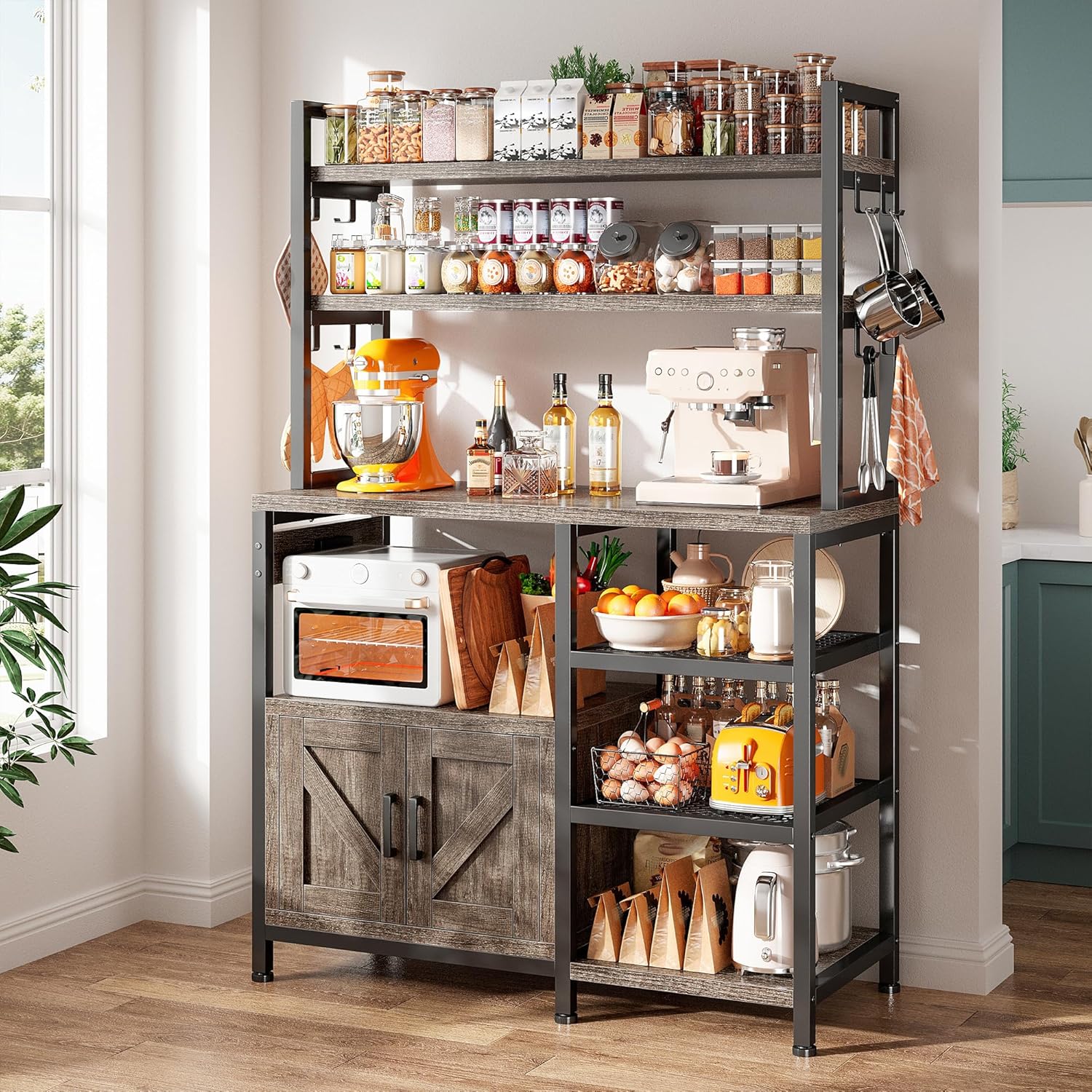 Snhomee 6-Tier Bakers Rack With Outlet, Microwave Stand With Storage Cabinet, 8 Side Hooks & Utility Shelf For Kitchen