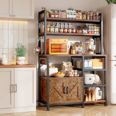 Snhomee 6-Tier Bakers Rack With Outlet, Microwave Stand With Storage Cabinet, 8 Side Hooks & Utility Shelf For Kitchen