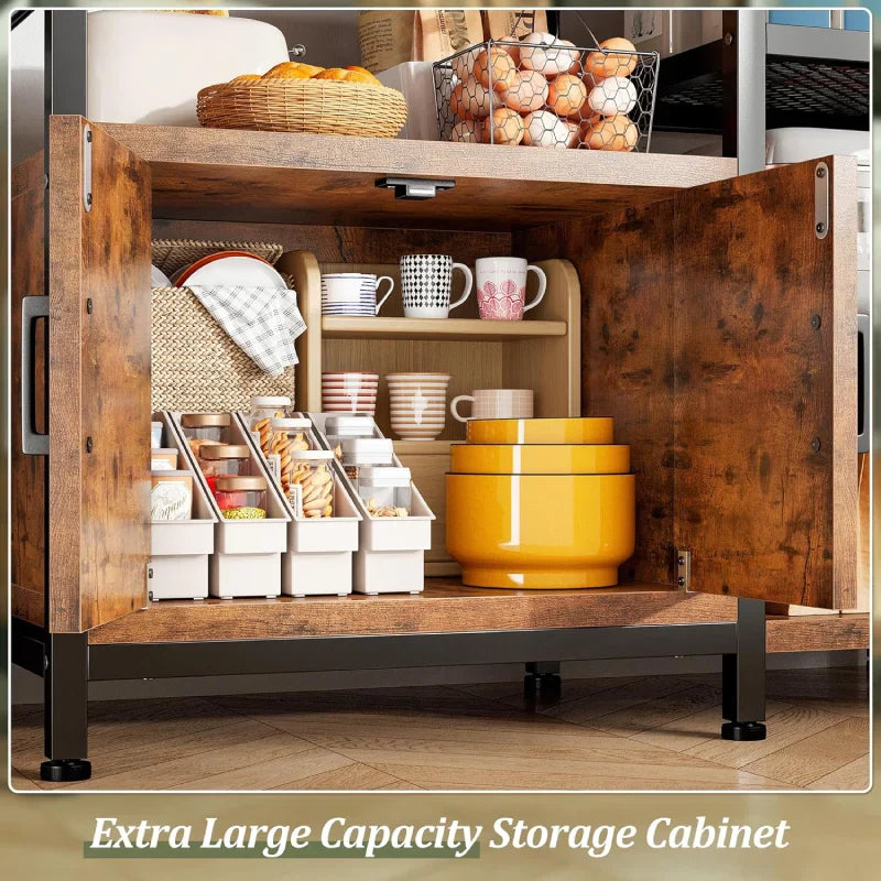 Snhomee 6-Tier Bakers Rack With Outlet, Microwave Stand With Storage Cabinet, 8 Side Hooks & Utility Shelf For Kitchen