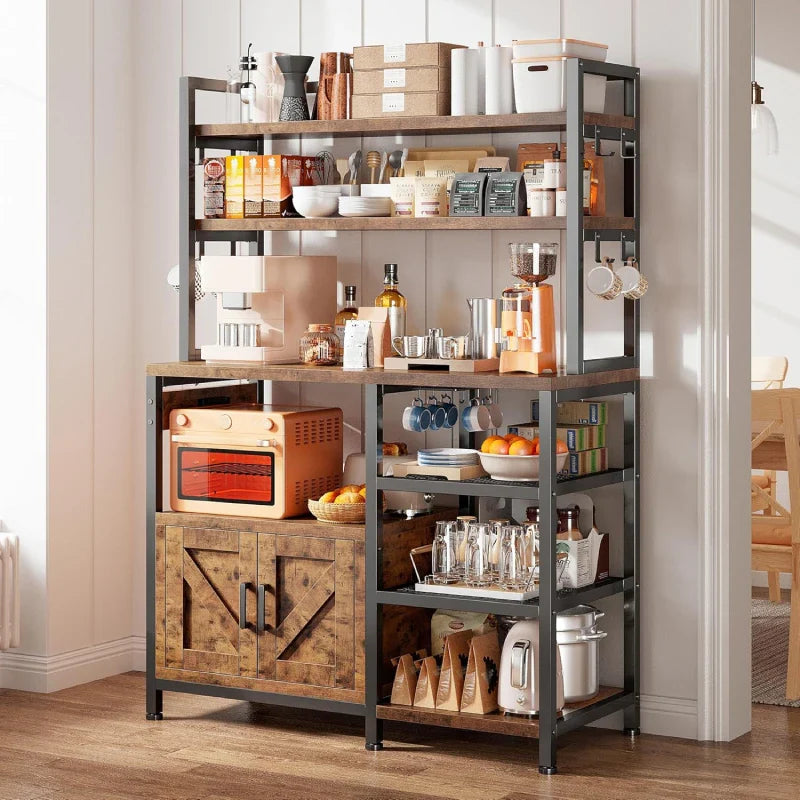 Snhomee 6-Tier Bakers Rack With Outlet, Microwave Stand With Storage Cabinet, 8 Side Hooks & Utility Shelf For Kitchen