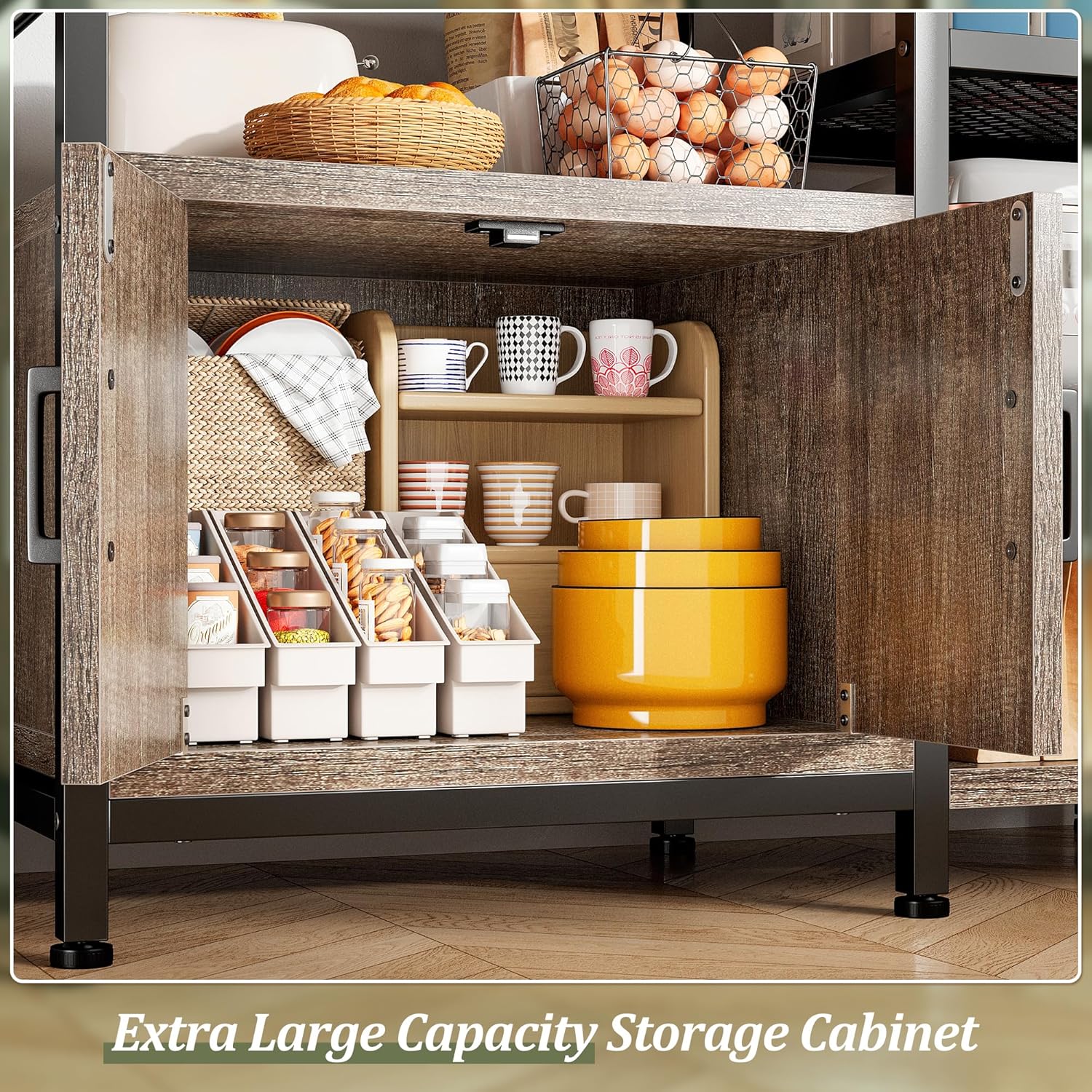 Snhomee 6-Tier Bakers Rack With Outlet, Microwave Stand With Storage Cabinet, 8 Side Hooks & Utility Shelf For Kitchen
