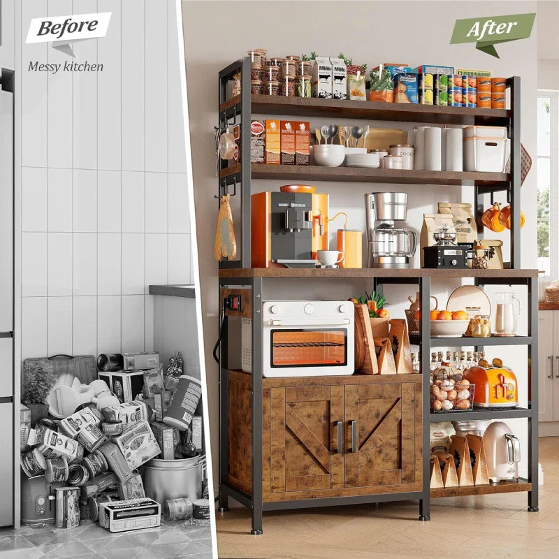 Snhomee 6-Tier Bakers Rack With Outlet, Microwave Stand With Storage Cabinet, 8 Side Hooks & Utility Shelf For Kitchen