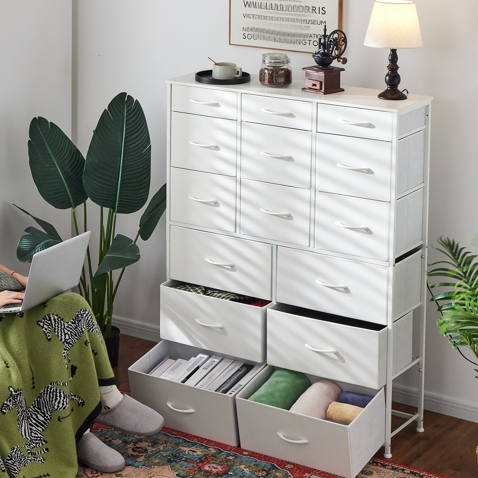 Dresser for Bedroom with 15 Drawers, Sturdy Metal Frame & Wood Top, Top Large Fabric Chest of Drawers, Closet, Livingroom-Furniture > Dresser-37.8"W x 11.8"D x 52.4"H-Black-snhomee