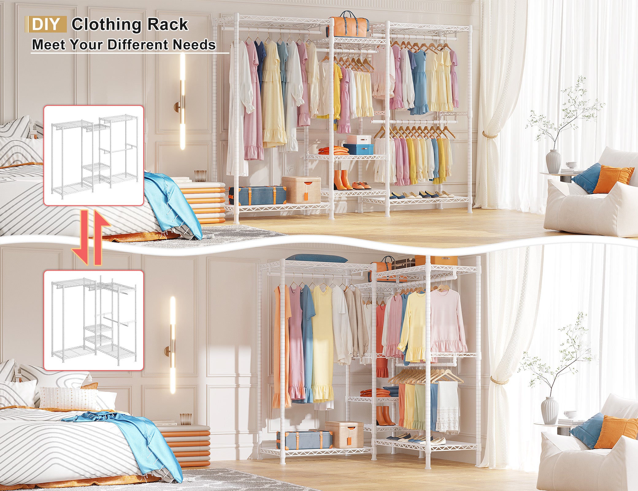 Clothing Racks for Hanging Clothes, Heavy Duty Clothes Rack Load 725LBS, Adjustable Metal Wardrobe Closet, White-Clothing & Closet Storage-snhomee