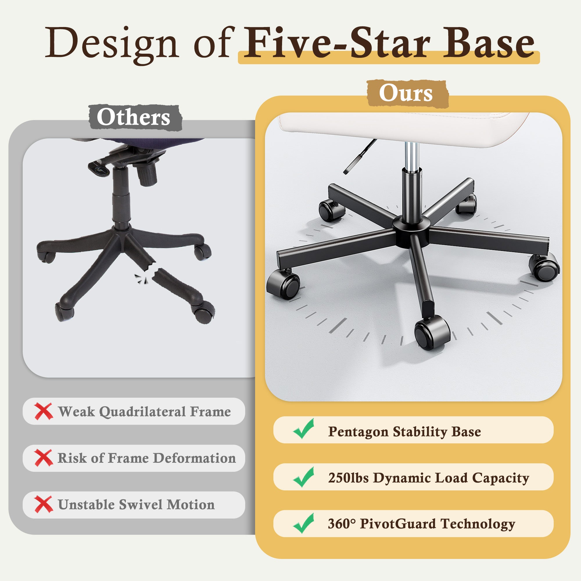 Ergonomic Cross-Legged Office Chair – 27" Wide PU Leather Seat, Adjustable Height & Swivel, Armless Design with 2-Layer Cushion & Wheels for Home Office or Vanity
