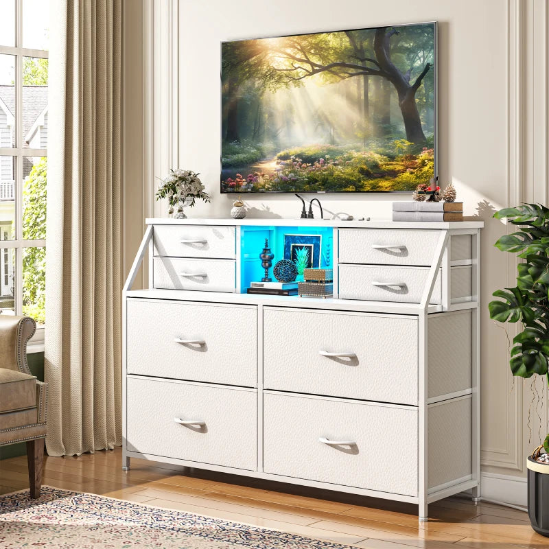 Snhomee 8-Drawer Dresser with LED Lights and Built-in Charging Station, Durable Storage Chest with Open Shelves for Bedroom, Living Room, or Hallway