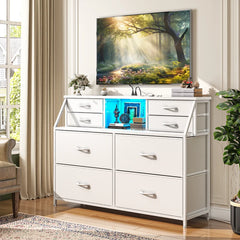 Snhomee 8-Drawer Dresser with LED Lights and Built-in Charging Station, Durable Storage Chest with Open Shelves for Bedroom, Living Room, or Hallway