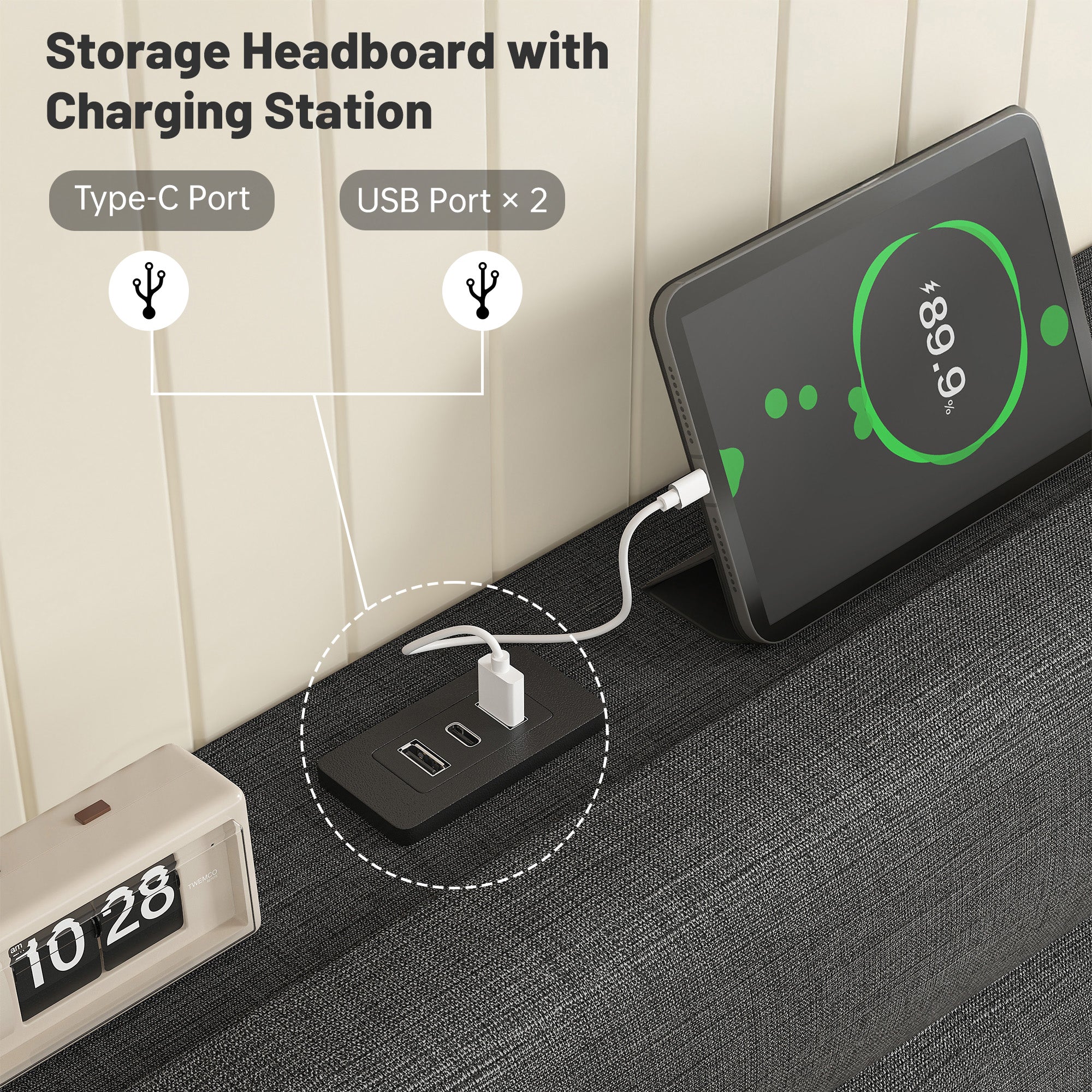 SnHomee Upholstered Bed Frame with Storage Headboard & Charging Station - USB Ports, Adjustable Fabric Headboard, Noise-Free Design, No Box Spring Needed, Back to School Beds On Sale