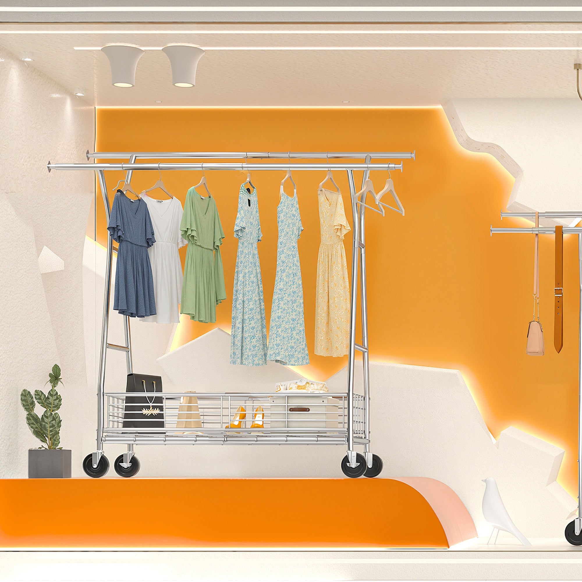 625lb Heavy Duty Commercial Clothing Rack - Rolling Steel Garment Rack with Shelves-Home Storage > Clothes Rack-(64-70)" H x (42.2-65.4)" W x 23" D-snhomee