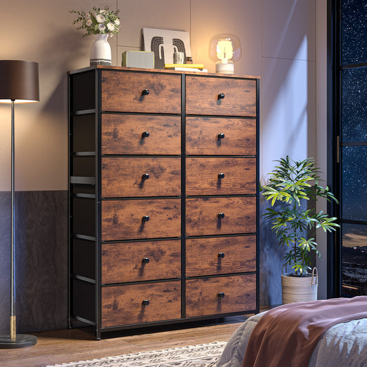 Snhomee Dresser for Bedroom with 12 Drawers, Large Storage Organizer Chest, Large Fabric Dressers & Chest of Drawers with Sturdy Metal Frame, Wood Top, Closet, Entryway, Hallway