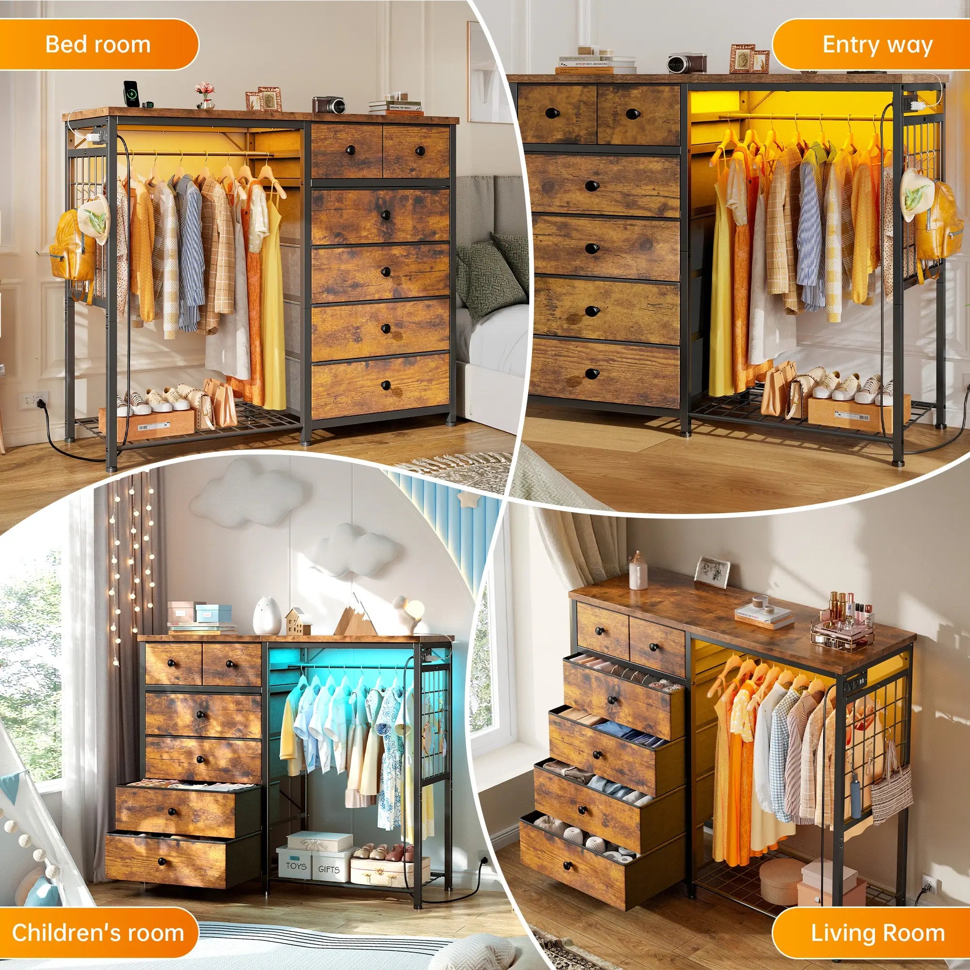 Snhomee 49.2" W Dresser with Hanging Rack & LED Lights - 6-Drawer Storage + Charging Station for Bedroom/Closet/Dorm, Rustic Brown, Space-Saving‌&Dorm Essential‌