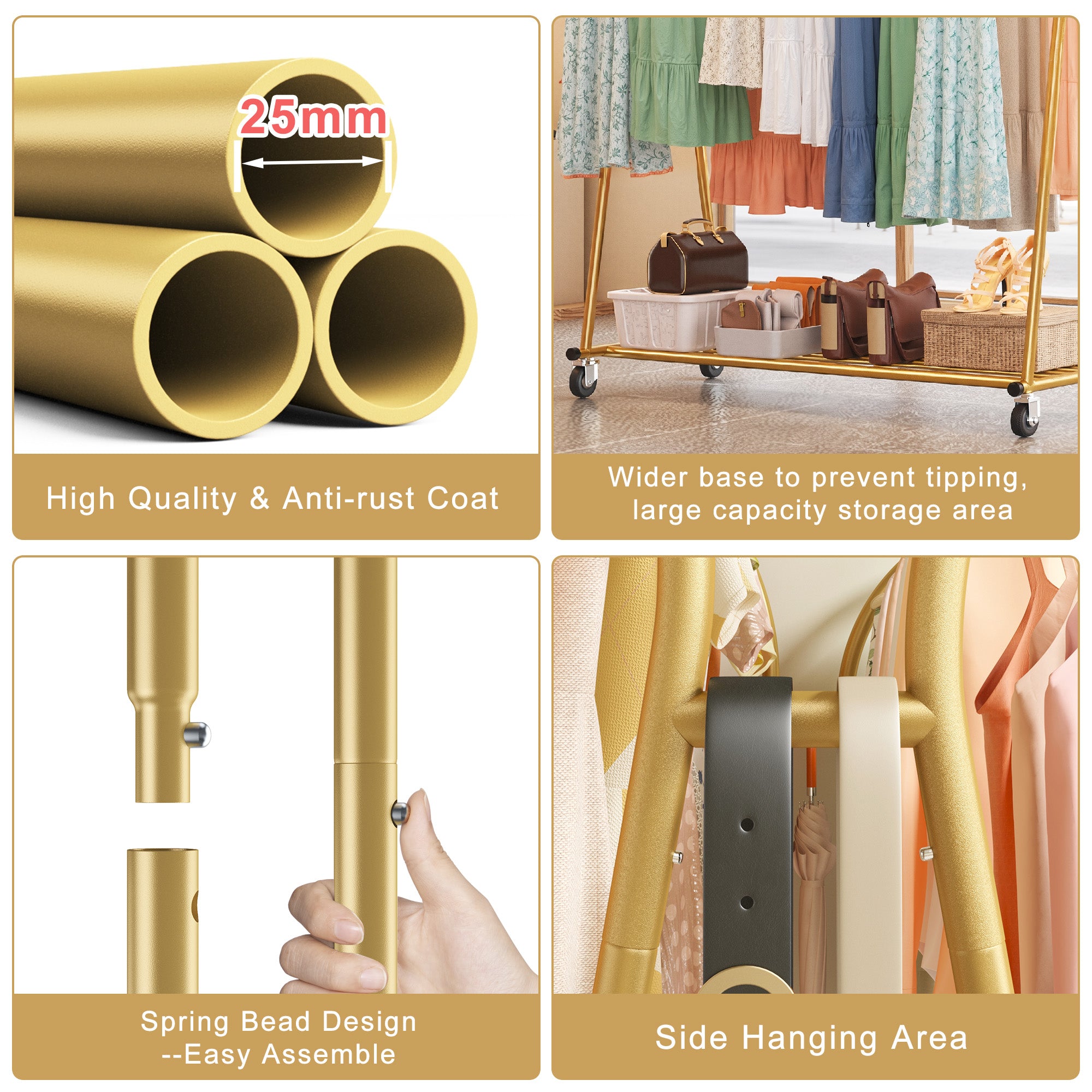 Double Rod Clothes Hanger Rack, Metal Rolling Clothing Rack With Wheels, 52"W x 20"D x (63"-69")H, Gold/Black-Gold-snhomee