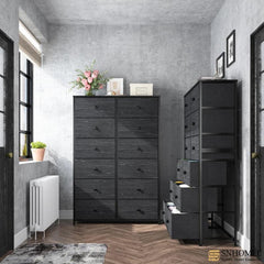Dresser for Bedroom with 12 Drawers, Tall Dressers & Chests of Drawers Bedroom, Fabric Bedroom Dresser with Wood Top,Living Room,Hallway,Closet,Black-Furniture > Dresser-snhomee