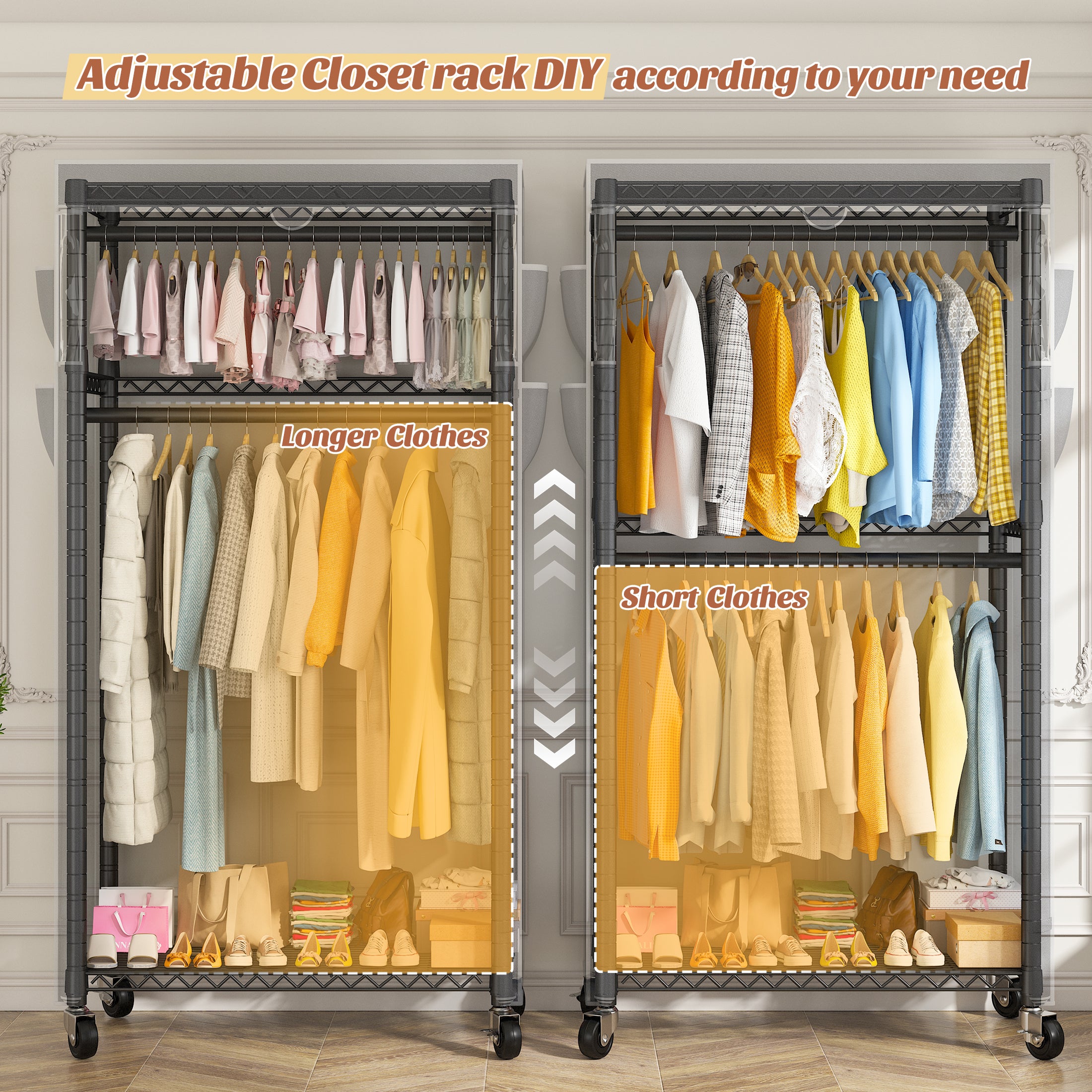 Heavy Duty Rolling Clothing Rack with Cover & Adjustable Height - Wheeled Garment Rack for Hanging Clothes, Portable Closet Organizer 35.5x15.7x79 Inches-Black-snhomee