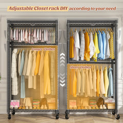 Heavy Duty Rolling Clothing Rack with Cover & Adjustable Height - Wheeled Garment Rack for Hanging Clothes, Portable Closet Organizer 35.5x15.7x79 Inches-Black-snhomee