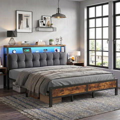 Snhomee Bed Frame with 2-Tier Storage Headboard & 12" Under-Bed Storage, Charging Station & LED Lights, Noise-Free Design, No Box Spring Needed