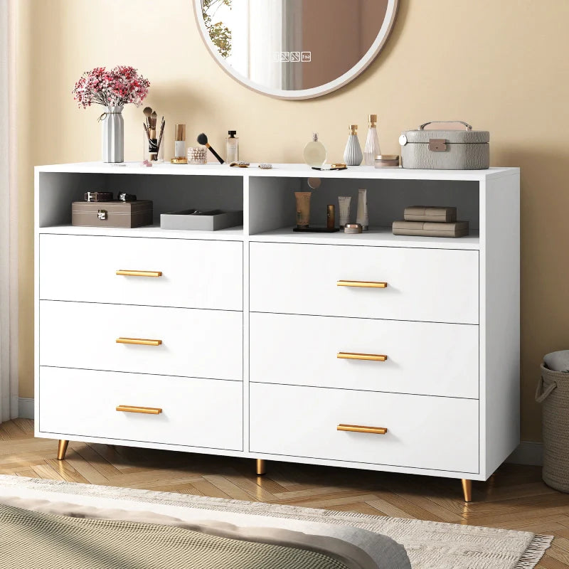 47"W Double Black Wooden Dresser with 6 Drawers & LED lights for Bedroom