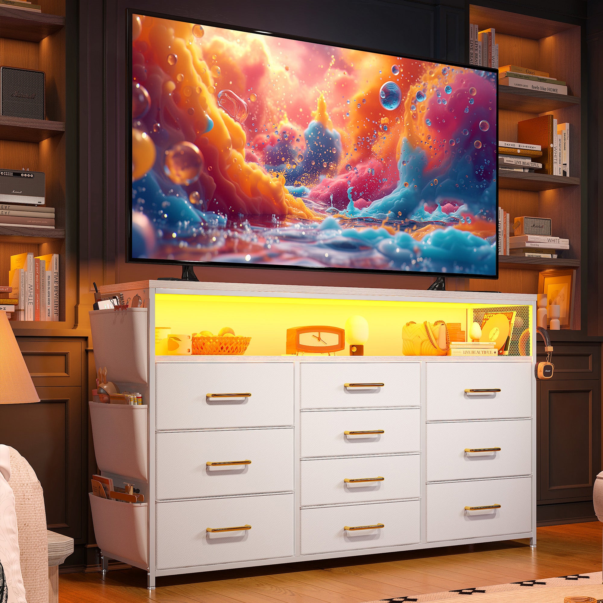 55" Smart TV Stand & Dresser | 10-Drawer Storage with LED Lights & Outlets | Metal/Wood Frame-Black-snhomee