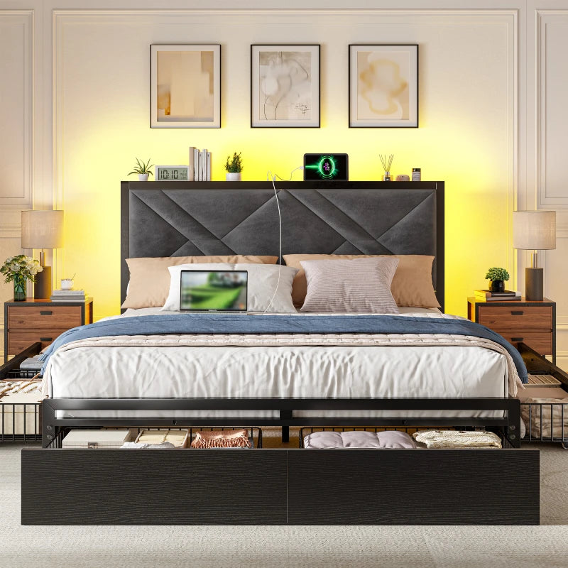 Bed Frame with Bed Frame with  and 6 Storage Drawers, Bed Frame with Upholstered Headboard Built in Charging Station,Noise-Free,Easy Assembly