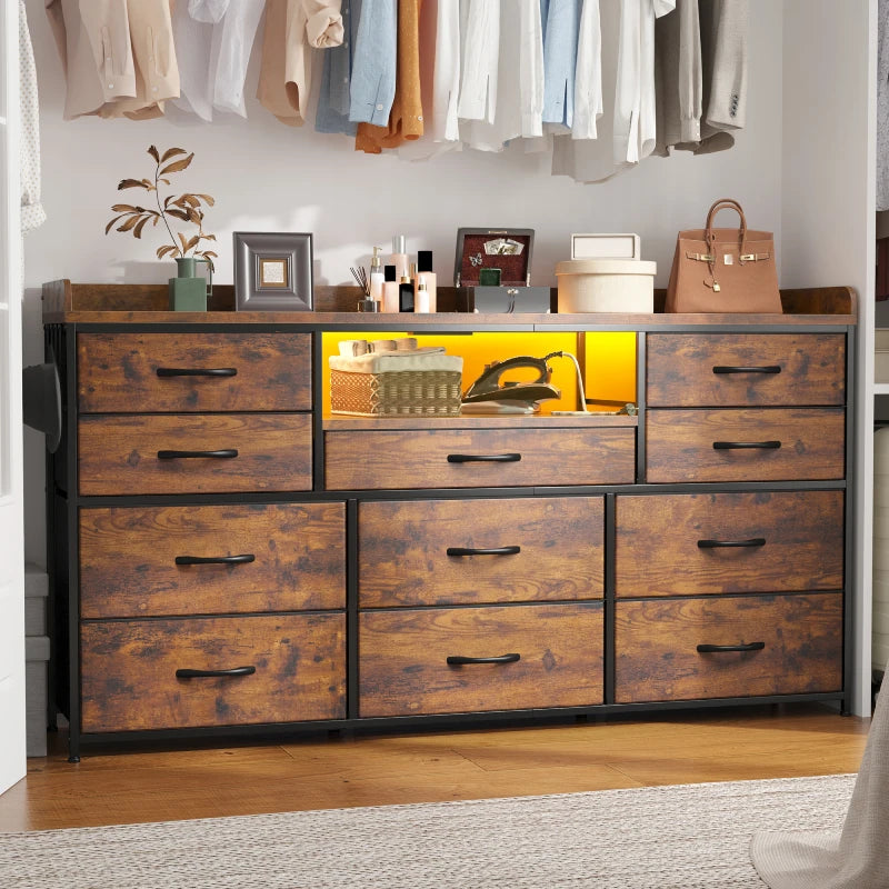 Snhomee ‌60" Dresser TV Stand w/11 Drawers | LED Lights, Power Outlets & Hooks | Sturdy Metal Frame & Wood Top