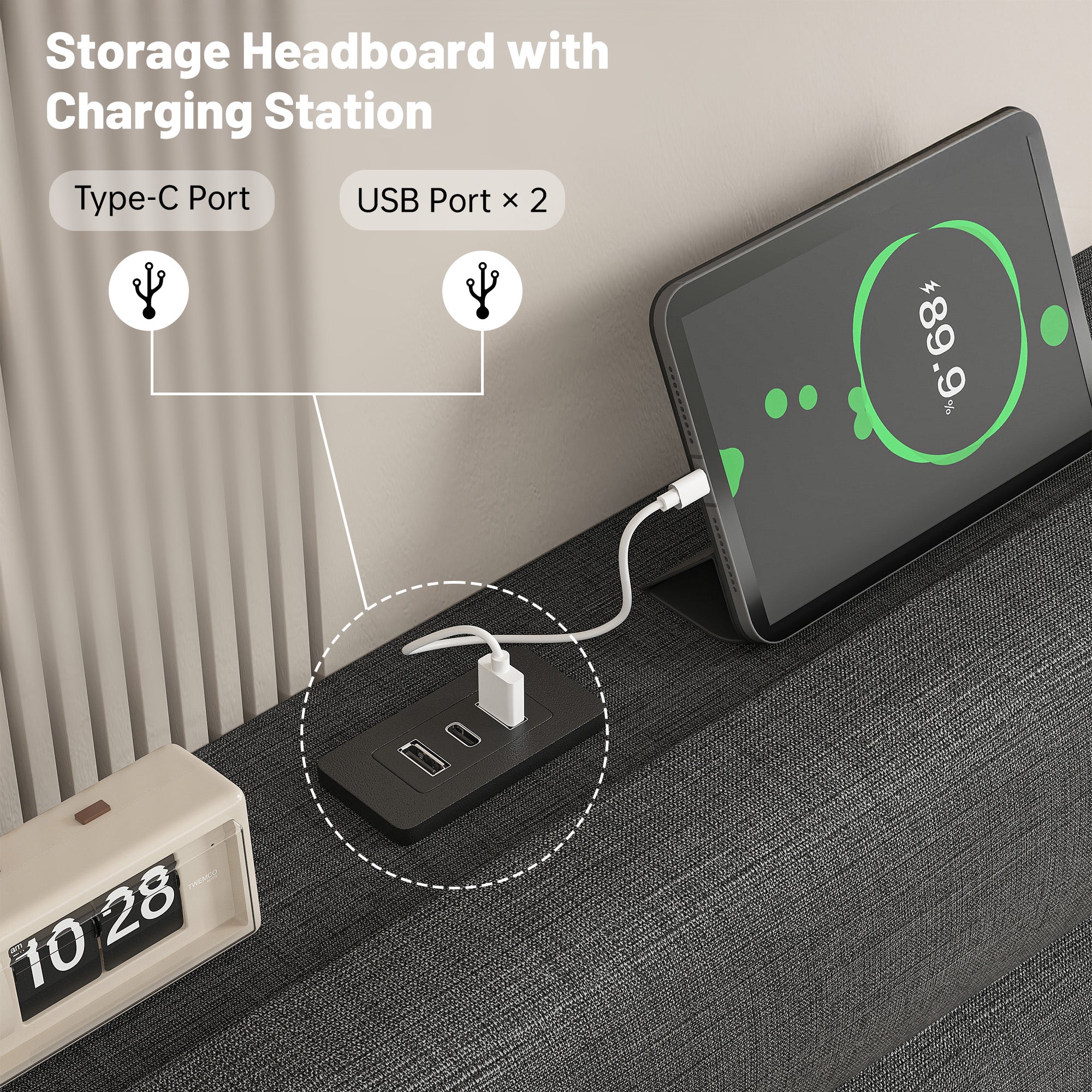 SnHomee Upholstered Bed Frame with Storage Headboard & Charging Station - USB Ports, Adjustable Fabric Headboard, Noise-Free Design, No Box Spring Needed, Back to School Beds On Sale